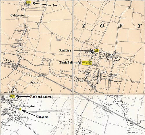 Map of the closed pubs of Caldecote, Kingston and Toft